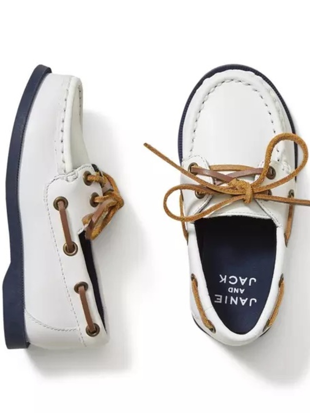 Janie and Jack White Leather Moccasin-Style Kids Shoes with Brown Laces 10